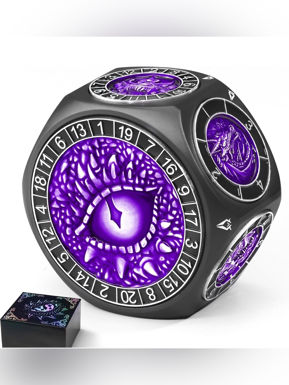 8-in-1 DND Dice Set, Metal Spinner Dice with Dual D20, Black Purple